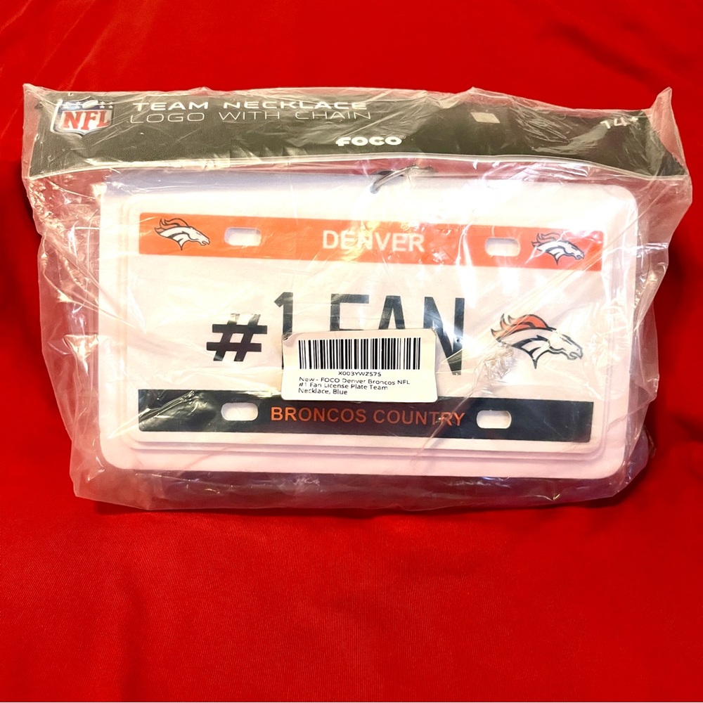 Foco Denver Broncos # 1 fan license plate with blue chain